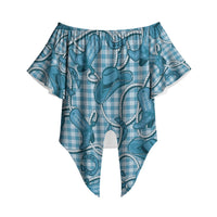 Blue Hawaii Palaka Cowboy Off Shoulder Wrap Waist Top Hawaiian Paniolo Festival Spirit