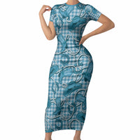 Blue Hawaii Palaka Cowboy Short Sleeve Bodycon Dress Hawaiian Paniolo Festival Spirit