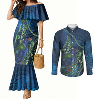 New Zealand Takahe Personalised Couples Matching Mermaid Dress and Long Sleeve Button Shirt Silver Fern Galaxy Polynesian Pattern LT22 Blue - Polynesian Pride