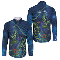 New Zealand Takahe Personalised Family Matching Tank Maxi Dress and Hawaiian Shirt Silver Fern Galaxy Polynesian Pattern LT22 Dad's Shirt - Long Sleeve Blue - Polynesian Pride