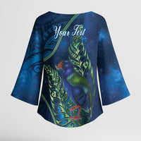 New Zealand Takahe Personalised Kimono Sleeve Blouse Silver Fern Galaxy Polynesian Pattern