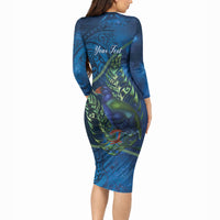 New Zealand Takahe Personalised Long Sleeve Bodycon Dress Silver Fern Galaxy Polynesian Pattern LT22 - Polynesian Pride