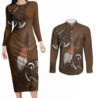 New Zealand Taiaha Couples Matching Long Sleeve Bodycon Dress and Long Sleeve Button Shirt Maori Weapon Silver Fern Maori Pattern