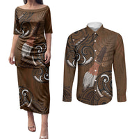 New Zealand Taiaha Couples Matching Puletasi and Long Sleeve Button Shirt Maori Weapon Silver Fern Maori Pattern