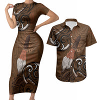 New Zealand Taiaha Couples Matching Short Sleeve Bodycon Dress and Hawaiian Shirt Maori Weapon Silver Fern Maori Pattern