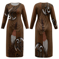 New Zealand Taiaha Family Matching Long Sleeve Bodycon Dress and Hawaiian Shirt Maori Weapon Silver Fern Maori Pattern LT22 Mom's Dress Brown - Polynesian Pride