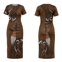 New Zealand Taiaha Family Matching Short Sleeve Bodycon Dress and Hawaiian Shirt Maori Weapon Silver Fern Maori Pattern LT22 Mom's Dress Brown - Polynesian Pride