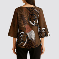 New Zealand Taiaha Kimono Sleeve Blouse Maori Weapon Silver Fern Maori Pattern