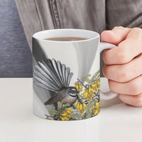 New Zealand Fantail Bird Ceramic Mug Maori Piwakawaka Kowhai Maori Pattern