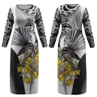 New Zealand Fantail Bird Couples Matching Long Sleeve Bodycon Dress and Long Sleeve Button Shirt Maori Piwakawaka Kowhai Maori Pattern