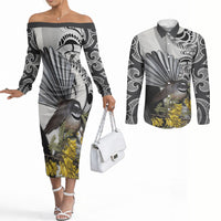 New Zealand Fantail Bird Couples Matching Off The Shoulder Long Sleeve Dress and Long Sleeve Button Shirt Maori Piwakawaka Kowhai Maori Pattern