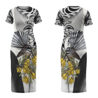 New Zealand Fantail Bird Couples Matching Short Sleeve Bodycon Dress and Hawaiian Shirt Maori Piwakawaka Kowhai Maori Pattern