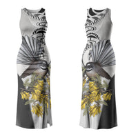 New Zealand Fantail Bird Couples Matching Tank Maxi Dress and Hawaiian Shirt Maori Piwakawaka Kowhai Maori Pattern