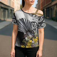 New Zealand Fantail Bird Cross Shoulder Shirt Maori Piwakawaka Kowhai Maori Pattern