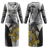 New Zealand Fantail Bird Family Matching Long Sleeve Bodycon Dress and Hawaiian Shirt Maori Piwakawaka Kowhai Maori Pattern