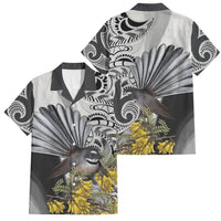 New Zealand Fantail Bird Family Matching Long Sleeve Bodycon Dress and Hawaiian Shirt Maori Piwakawaka Kowhai Maori Pattern LT22 Dad's Shirt - Short Sleeve Grey - Polynesian Pride