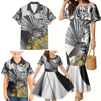 New Zealand Fantail Bird Family Matching Mermaid Dress and Hawaiian Shirt Maori Piwakawaka Kowhai Maori Pattern LT22 - Polynesian Pride