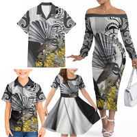 New Zealand Fantail Bird Family Matching Off The Shoulder Long Sleeve Dress and Hawaiian Shirt Maori Piwakawaka Kowhai Maori Pattern LT22 - Polynesian Pride