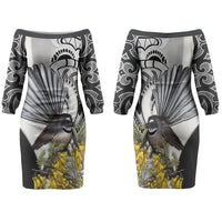 New Zealand Fantail Bird Family Matching Off The Shoulder Long Sleeve Dress and Hawaiian Shirt Maori Piwakawaka Kowhai Maori Pattern LT22 Mom's Dress Grey - Polynesian Pride