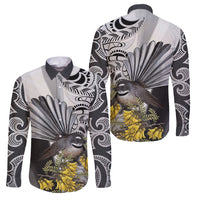 New Zealand Fantail Bird Family Matching Off The Shoulder Long Sleeve Dress and Hawaiian Shirt Maori Piwakawaka Kowhai Maori Pattern LT22 Dad's Shirt - Long Sleeve Grey - Polynesian Pride