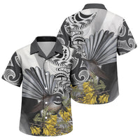 New Zealand Fantail Bird Family Matching Off The Shoulder Long Sleeve Dress and Hawaiian Shirt Maori Piwakawaka Kowhai Maori Pattern LT22 Son's Shirt Grey - Polynesian Pride