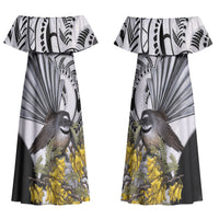 New Zealand Fantail Bird Family Matching Off Shoulder Maxi Dress and Hawaiian Shirt Maori Piwakawaka Kowhai Maori Pattern