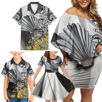 New Zealand Fantail Bird Family Matching Off Shoulder Short Dress and Hawaiian Shirt Maori Piwakawaka Kowhai Maori Pattern