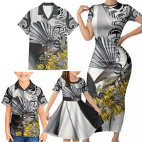 New Zealand Fantail Bird Family Matching Short Sleeve Bodycon Dress and Hawaiian Shirt Maori Piwakawaka Kowhai Maori Pattern LT22 - Polynesian Pride