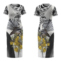 New Zealand Fantail Bird Family Matching Short Sleeve Bodycon Dress and Hawaiian Shirt Maori Piwakawaka Kowhai Maori Pattern LT22 Mom's Dress Grey - Polynesian Pride