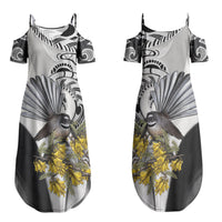 New Zealand Fantail Bird Family Matching Summer Maxi Dress and Hawaiian Shirt Maori Piwakawaka Kowhai Maori Pattern