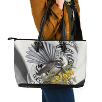New Zealand Fantail Bird Leather Tote Bag Maori Piwakawaka Kowhai Maori Pattern