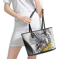 New Zealand Fantail Bird Leather Tote Bag Maori Piwakawaka Kowhai Maori Pattern