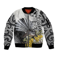 New Zealand Fantail Bird Sleeve Zip Bomber Jacket Maori Piwakawaka Kowhai Maori Pattern