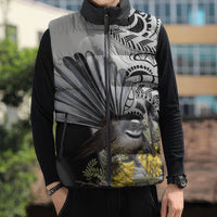 New Zealand Fantail Bird Sleeveless Puffer Jacket Maori Piwakawaka Kowhai Maori Pattern