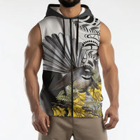 New Zealand Fantail Bird Sleeveless Zip Hoodie Maori Piwakawaka Kowhai Maori Pattern