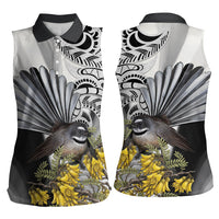 New Zealand Fantail Bird Women Sleeveless Polo Shirt Maori Piwakawaka Kowhai Maori Pattern