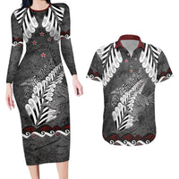 New Zealand Weka Personalised Couples Matching Long Sleeve Bodycon Dress and Hawaiian Shirt Aotearoa Hen Silver Fern Maori Pattern