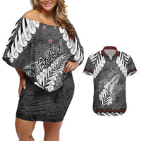 New Zealand Weka Personalised Couples Matching Off Shoulder Short Dress and Hawaiian Shirt Aotearoa Hen Silver Fern Maori Pattern