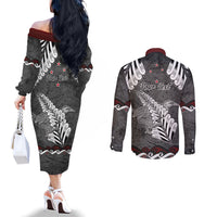 New Zealand Weka Personalised Couples Matching Off The Shoulder Long Sleeve Dress and Long Sleeve Button Shirt Aotearoa Hen Silver Fern Maori Pattern