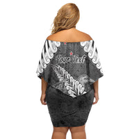 New Zealand Weka Personalised Family Matching Off Shoulder Short Dress and Hawaiian Shirt Aotearoa Hen Silver Fern Maori Pattern