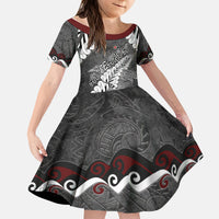 New Zealand Weka Personalised Kid Short Sleeve Dress Aotearoa Hen Silver Fern Maori Pattern