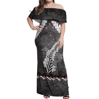 New Zealand Weka Personalised Off Shoulder Maxi Dress Aotearoa Hen Silver Fern Maori Pattern