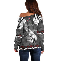 New Zealand Weka Personalised Off Shoulder Sweater Aotearoa Hen Silver Fern Maori Pattern