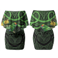New Zealand Parakeet Bird Couples Matching Off Shoulder Short Dress and Hawaiian Shirt Maori Kakariki Kowhai Maori Pattern