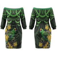 New Zealand Parakeet Bird Couples Matching Off The Shoulder Long Sleeve Dress and Hawaiian Shirt Maori Kakariki Kowhai Maori Pattern