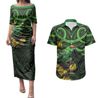 New Zealand Parakeet Bird Couples Matching Puletasi and Hawaiian Shirt Maori Kakariki Kowhai Maori Pattern