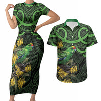 New Zealand Parakeet Bird Couples Matching Short Sleeve Bodycon Dress and Hawaiian Shirt Maori Kakariki Kowhai Maori Pattern LT22 Green - Polynesian Pride
