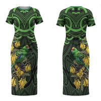 New Zealand Parakeet Bird Couples Matching Short Sleeve Bodycon Dress and Hawaiian Shirt Maori Kakariki Kowhai Maori Pattern LT22 - Polynesian Pride