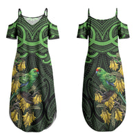New Zealand Parakeet Bird Couples Matching Summer Maxi Dress and Hawaiian Shirt Maori Kakariki Kowhai Maori Pattern