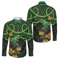 New Zealand Parakeet Bird Family Matching Off The Shoulder Long Sleeve Dress and Hawaiian Shirt Maori Kakariki Kowhai Maori Pattern LT22 Dad's Shirt - Long Sleeve Green - Polynesian Pride